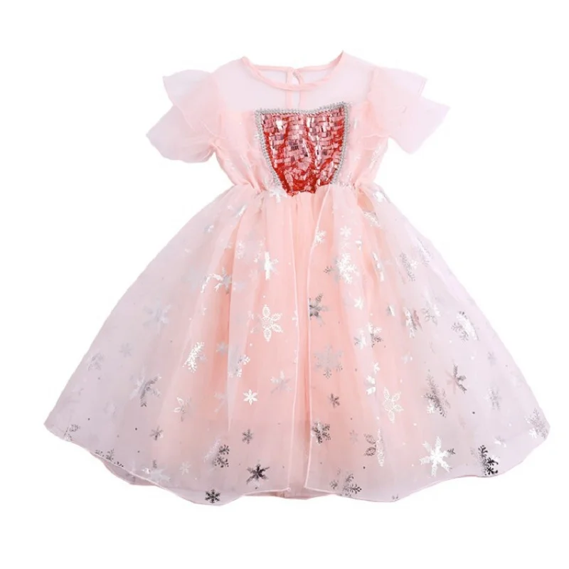 

Summer 2021 New Arrivals Girls Short Sleeve O Neck Mesh Transparent Sequins Star Pink Blue Cute Princess Dress 18M-6T
