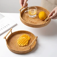 rattan tray food storage plate wicker basket with wooden handle japanese fruit cake tea platter handwoven round picnic basket
