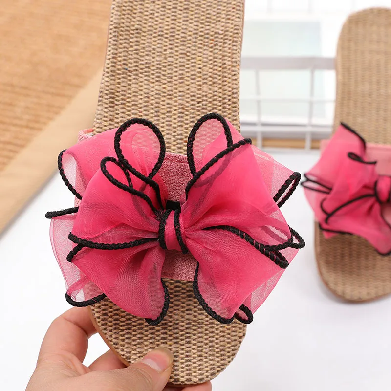 

Women Flax Home Slippers Summer Bow-knot Soft Floor Woman Indoor slides Flats House Shoes Cute Linen Slipper