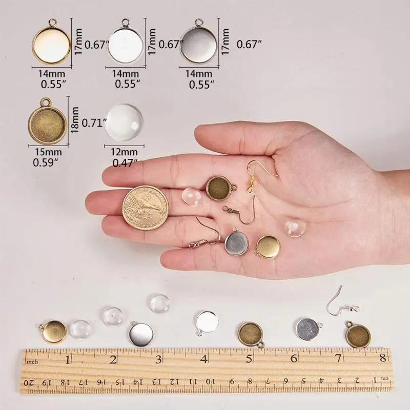 

230 PCS 12mm Earring Wire Hooks with Glass Cover Cabochon Setting Alloy Drop Earrings Bezel Trays Kit for Jewelry Making