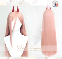 chainsaw man power cosplay wig 80cm long pink straight heat resistant synthetic hair wig wig cap horns