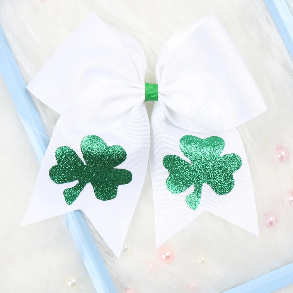 

7" Cheer Bows St Patrick's Day Hair Bows for Girls Shamrock Glitter Print Ribbon Hair Tie Hair Bands Festival Hair Accessories