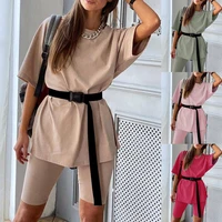 women half sleeve t shirt top shorts belt homewear two pieces suit leisure set