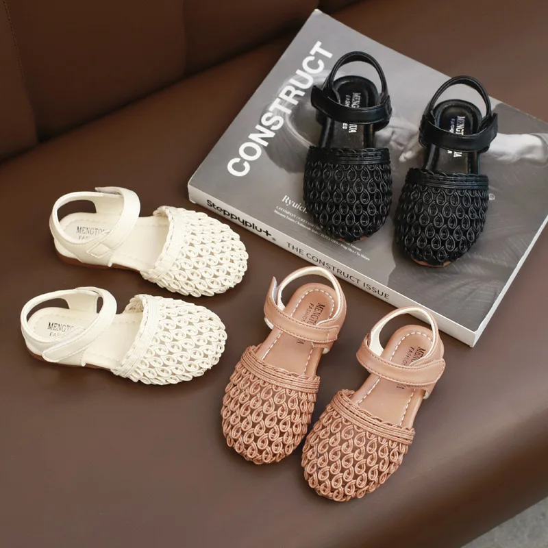 

Girls Sandals 2021 Summer New Fashion Children's Knitted Beach Korean Soft Bottom Kids Baby Baotou Shoes GSS27