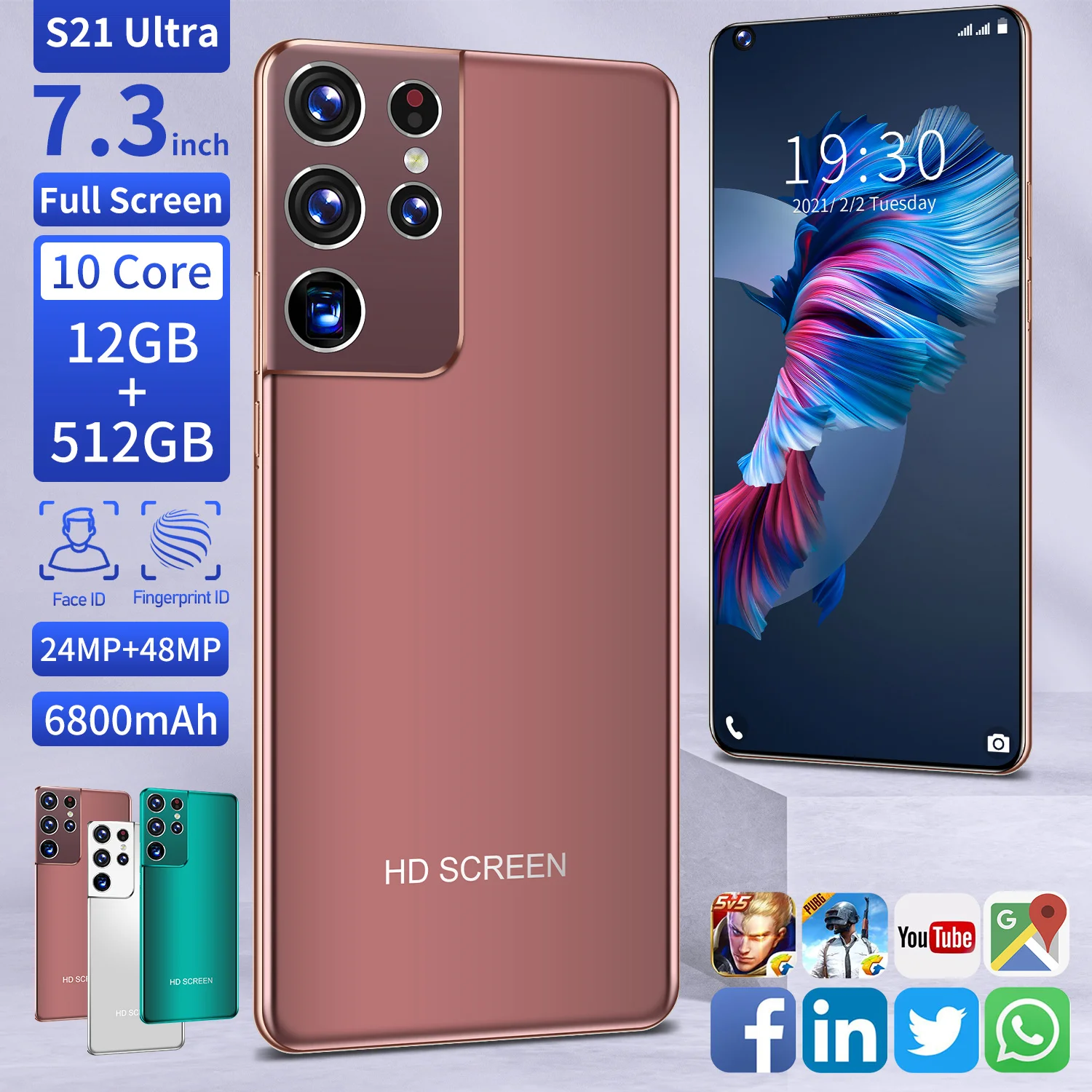 

Hot Sell Global Version S21Ultra 7.3 Inch Smartphone 10 Core 12+512GB 24+48MP Face Unlock Dual SIM 4G LTE 5G Network Mobilephone