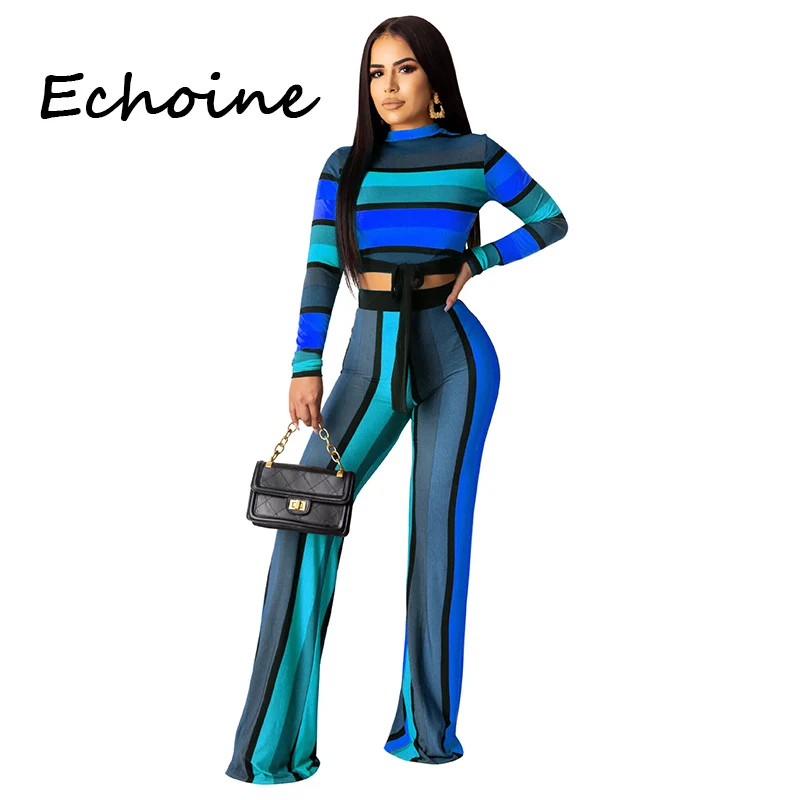 Женский костюм двойка в разноцветную полоску Echoine комплект из топа с длинным