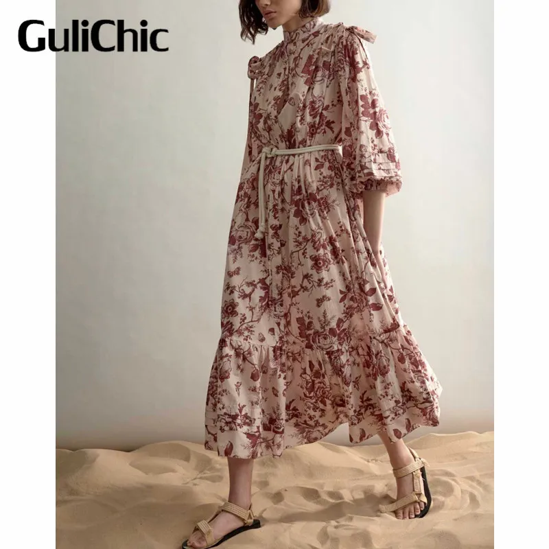 

2.19 GuliChic High Quality Women Elegant Fashion Print Lantern Sleeve With Belt Collect Waist Midi Dress