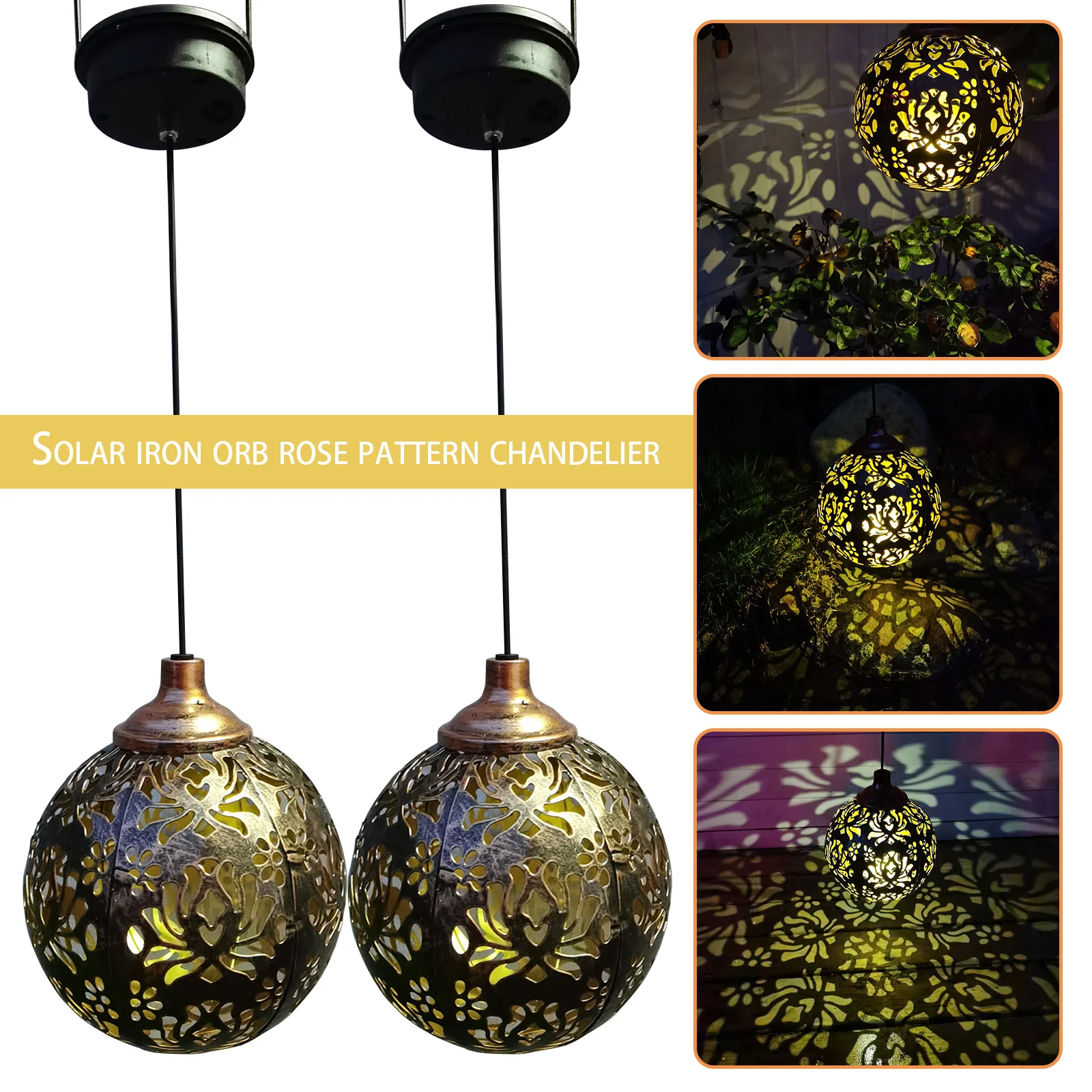 저렴한 2PCS 태양 LED 매달려 랜 턴 정원 장식 빛 야외 조명 단 철 로즈 프로젝터 빛 안뜰 안뜰에 대 한