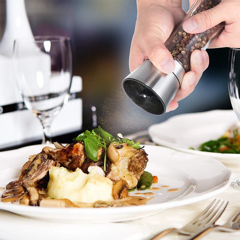 

KONCO Stainless Steel Salt and Pepper Mill Shakers, Manual Sea Salt Mills, Adjustable Ceramic Pepper Grinder with Glass Body