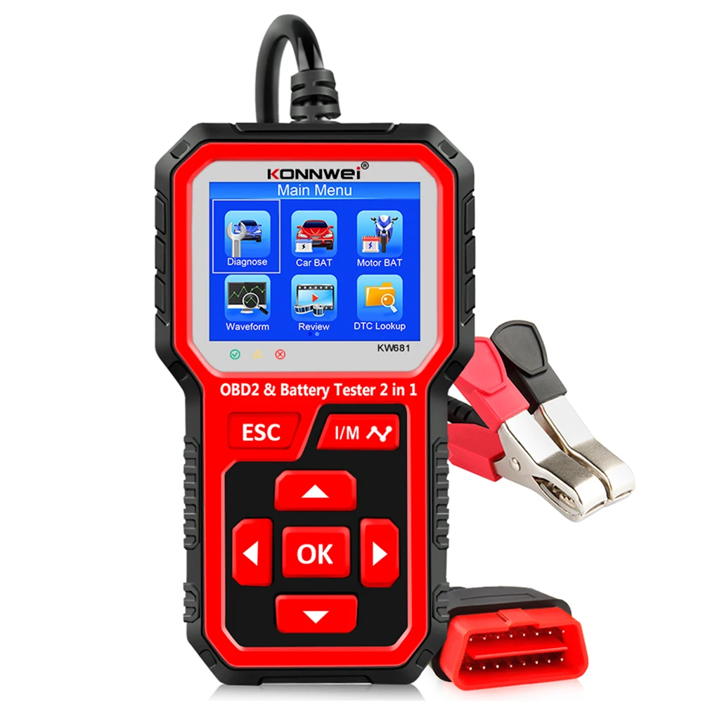 New Auto Diagnostic Tool 2 in1 2000 CCA Car OBD2 Scanner Full OBD 2 Function KW681 6V 12V Car Tool Motorcycle Battery Tester