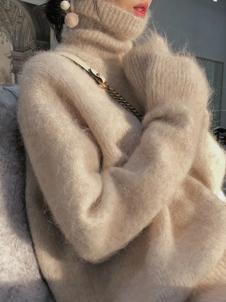 Новинка женский свитер из кашемира и норки с высоким воротником теплый длинными