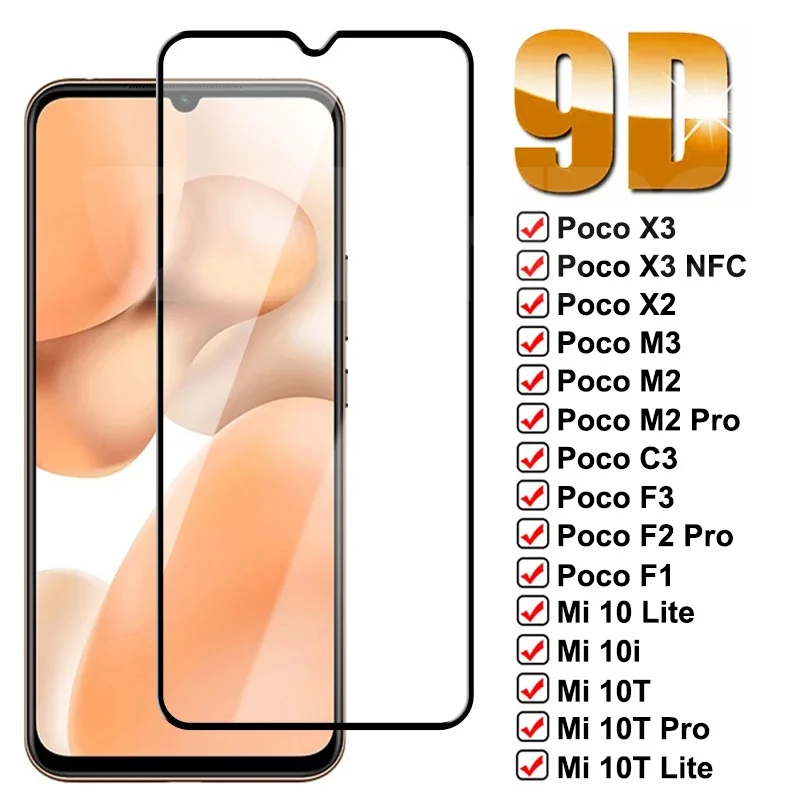 

9D закаленное стекло для Xiaomi Poco X3 NFC X2 M3 M2 C3 F3 F1 F2 Pro защита для экрана Mi 9 10 10T Pro Lite 10i Mix 2 2S 3 Пленка чехол