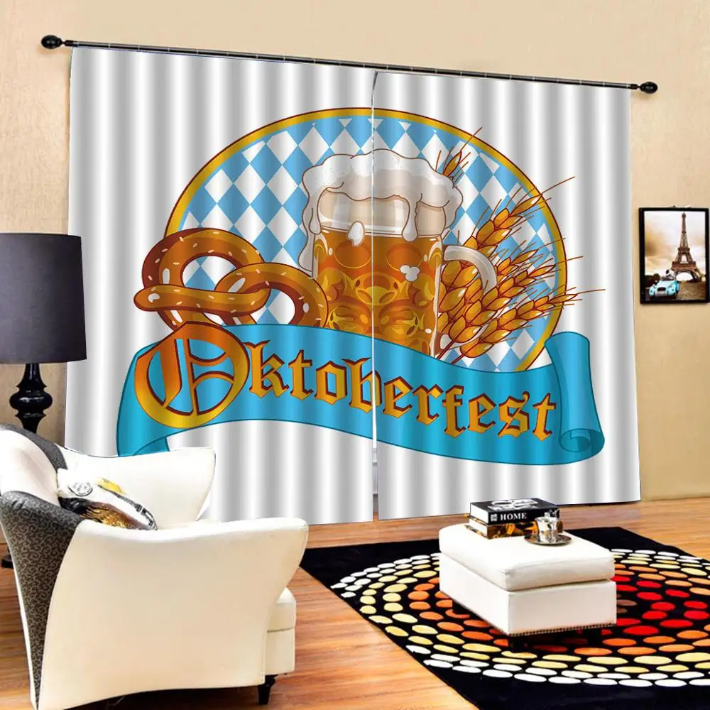 Custom Funky Oktoberfest 3D Curtains Collection Circle Shape Frame with Beer Pretzel Wheatears German Culture Cheerful Drapes | Дом и сад