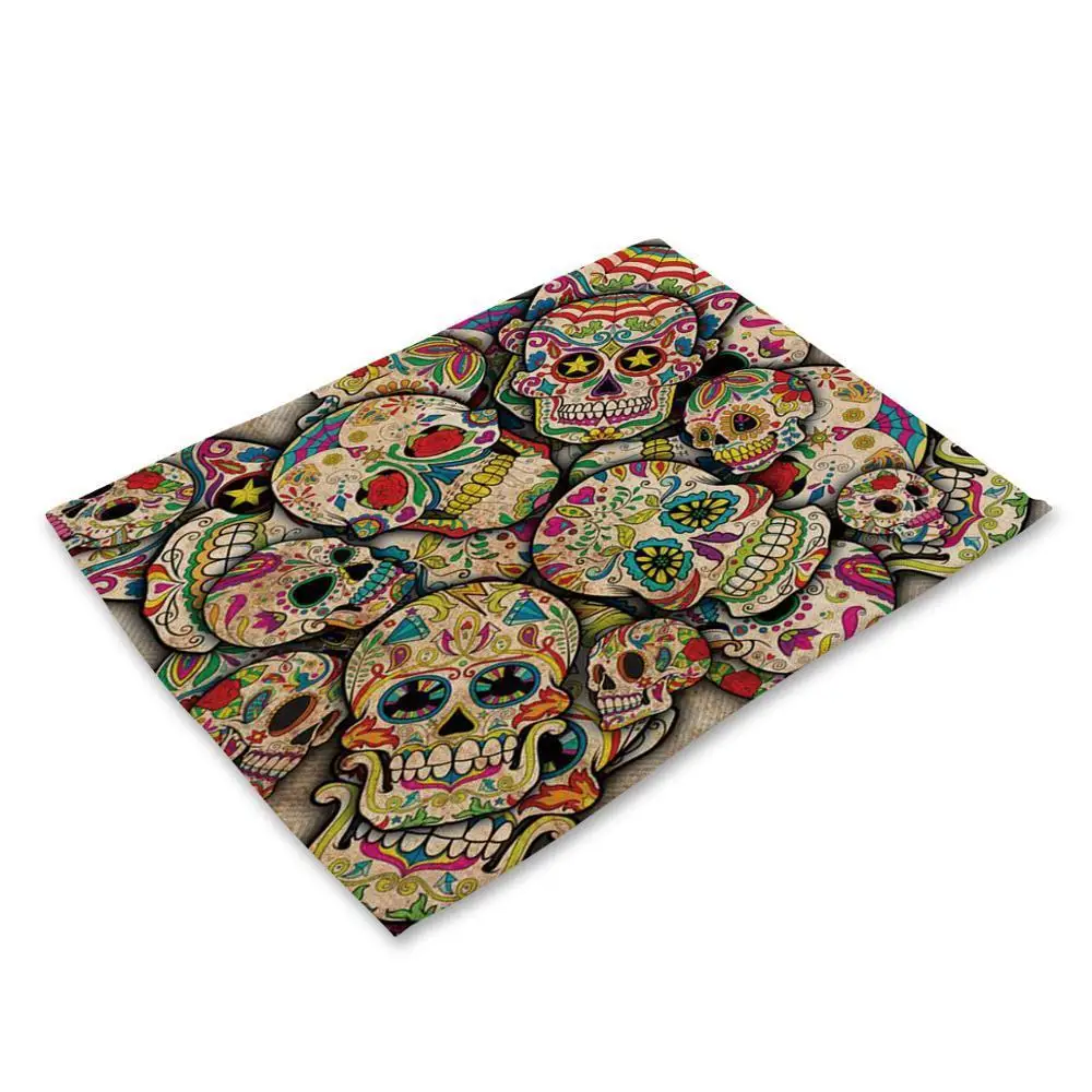 

1Pcs Skull Pattern Placemat Dining Table Mats Drink Coasters Cotton Linen Pads Cup Mats 42*32cm Kitchen Accessories MC0026