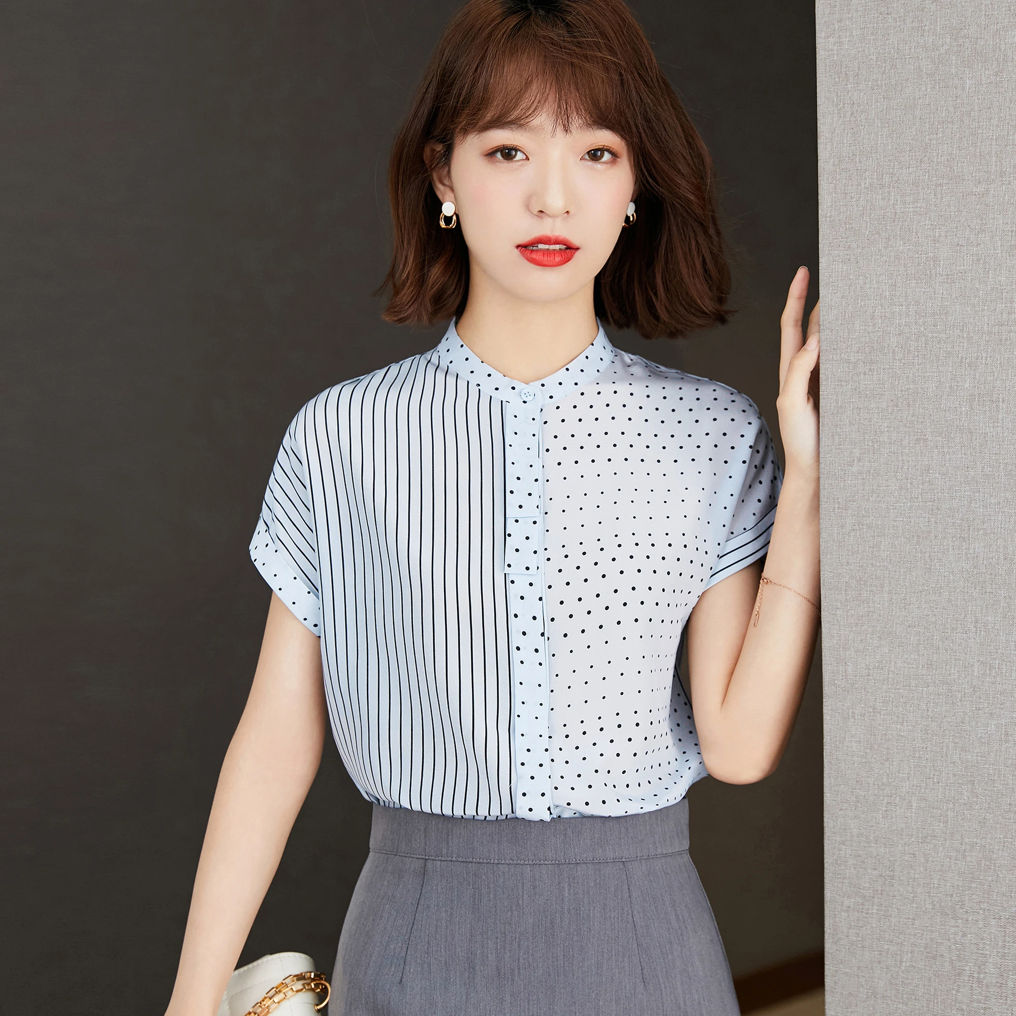 

2021 Summer New Polka Dot Striped Chiffon Shirt Commuter Simple Style Comfortable Elegant Top Women