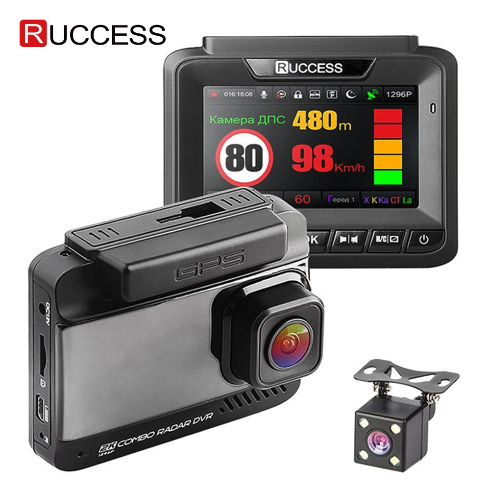Ruccess Автомобильный видеорегистратор 3 в 1 dvr Радар детектор gps Full HD 1080P Две камеры Авто видео рекордер 1296P русский ночное видение WDR ADAS