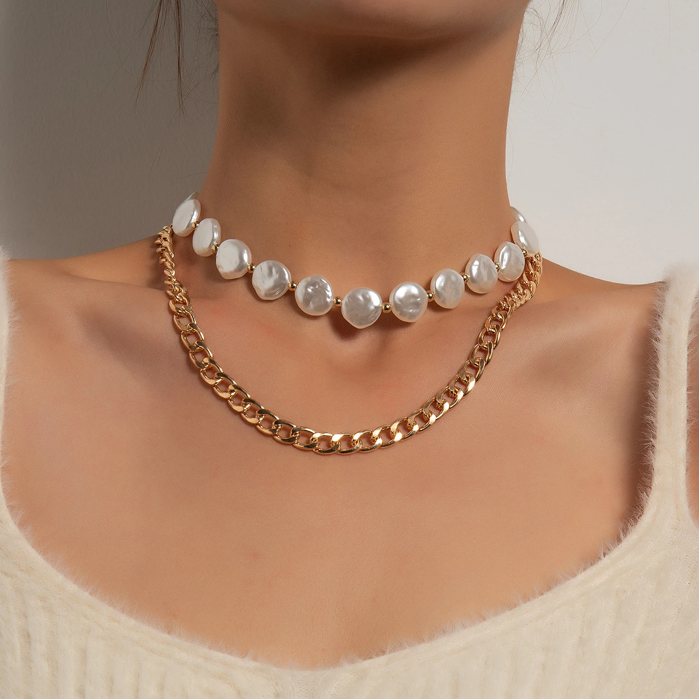 

Ingemark Vintage Multilayer Baroque Pearl Choker Necklace for Women Girls Unique Cuban Curb Smooth Clavicle Chain Neck Jewelry