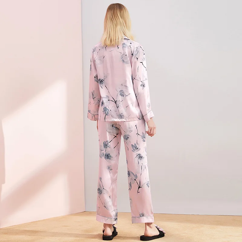 2021 Summer New Fashion Trend 100% Mulberry Silk Home Service Silk Long-sleeved Trousers Suit Silk Pajamas Women Loose Print