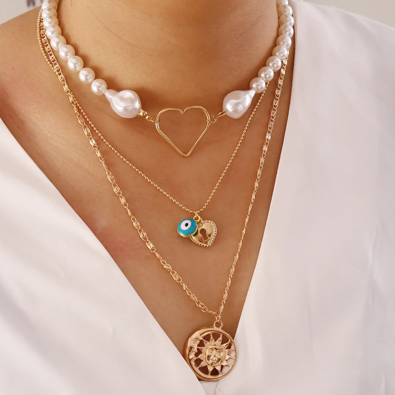 

Pearl love multi-layer golden chain ladies necklace fashion new jewelry gifts