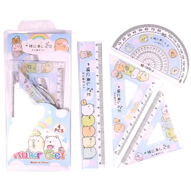 

4pcs/set Kawaii Cartoon Straight Triangle Ruler Protractor Drafting Drawing School Office Supplies Student Stationery M5TB