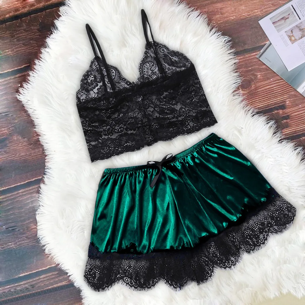 

Silk Stain Pajama Set 2020 Plus Size Women Pajamas Lace Crop Tops Home Suit Camisole and Bow Shorts Lingerie Set Sleepwear