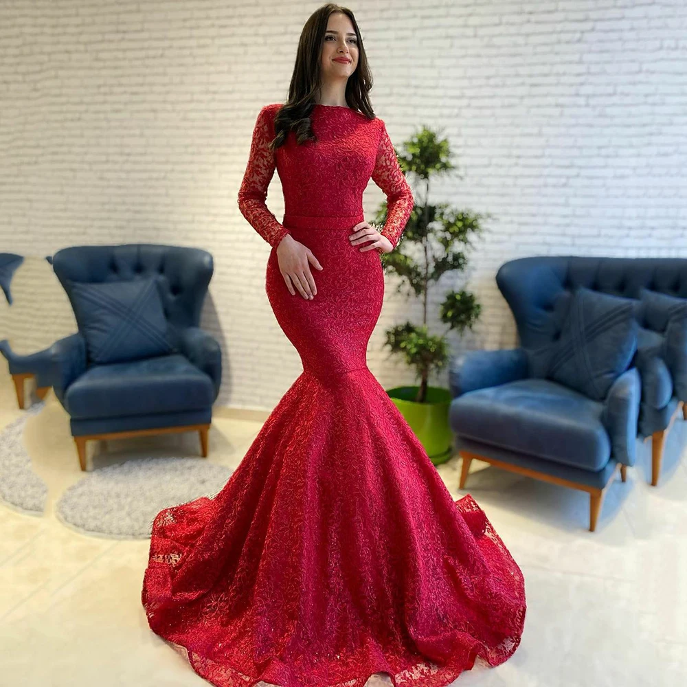 Купи UZN Elegant Dark Red Lace Satin Mermiad Prom Dress Sexy Scoop Neck Long Sleeves Evening Dress Beading Prom Gowns 2022 за 6,407 рублей в магазине AliExpress