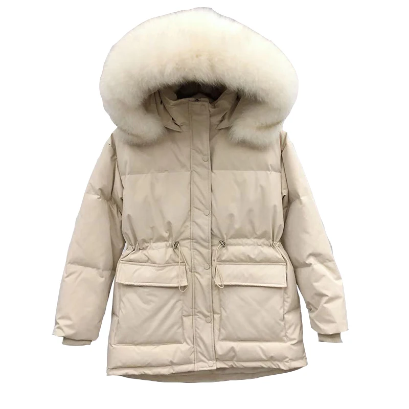 

Fitaylor/зимняя женская большая парка с капюшоном из натурального меха, куртка на 90% белом утином пуху, свободная Толстая теплая верхняя одежда ...