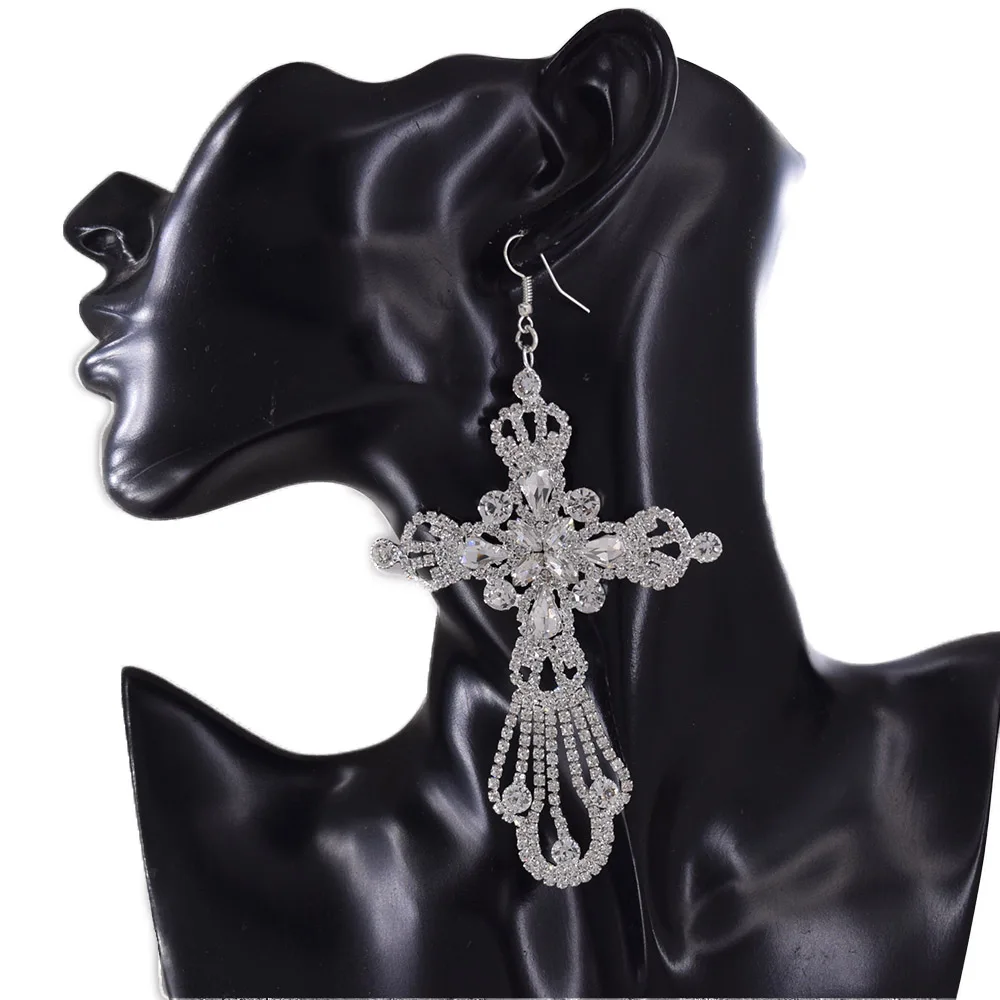 

CUIER Женская мода сверкающие кристаллы большие крест серьги металлические с драгоценными камнями Висячие серьги для женщин