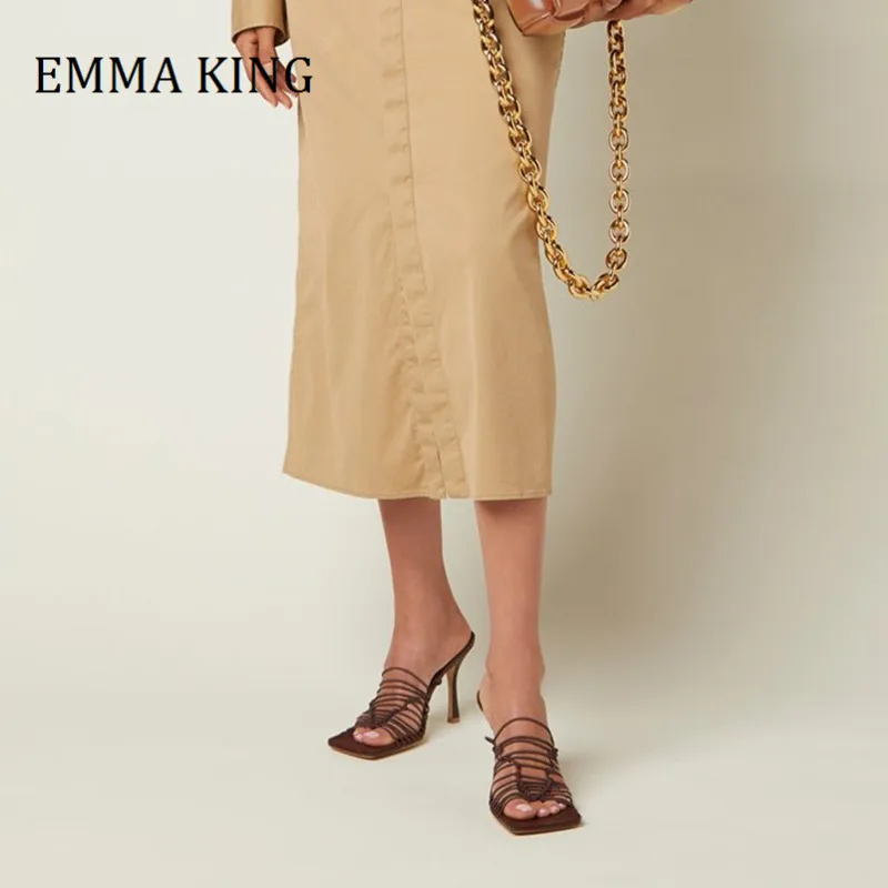 

2021 Summer Women Stretch Woven Sandals Square Open Toe Elastic Slide Sandals Mules Slip On Weave Sandals Sexy Party Shoes Mujer