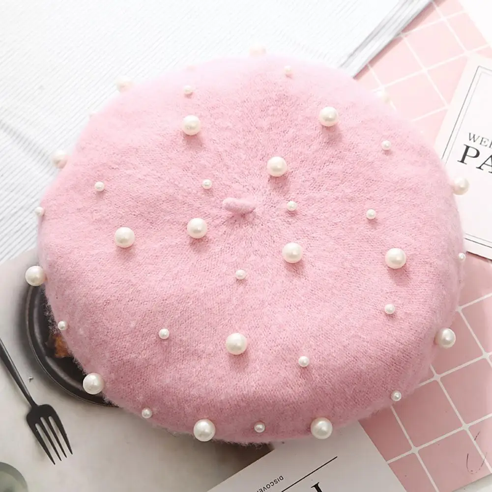 

Fashion Women Autumn Winter Solid Color Faux Pearl Beret Hat Warm Painter Cap