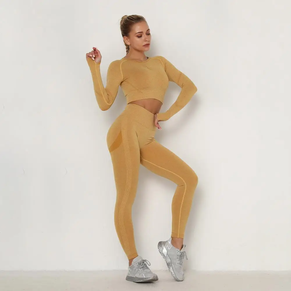 

Seamless Women Gym Set Long Sleeve Top High Waist Belly Control Sport Leggings Gym Clothes Seamless Sport Suit Sexy Booty Girls