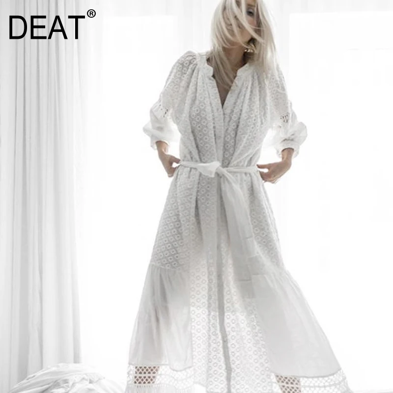 Женское платье с рукавами фонариками [DEAT] белое однотонное свободного покроя