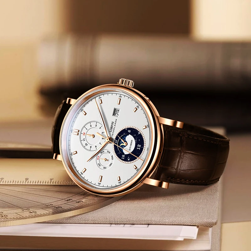 

LOBINNI Mens Mechanical Automatic Watches Luxury Switzerland Brand Man 50m Waterproof Moon Phase Watch Fashion Male Wristwatch