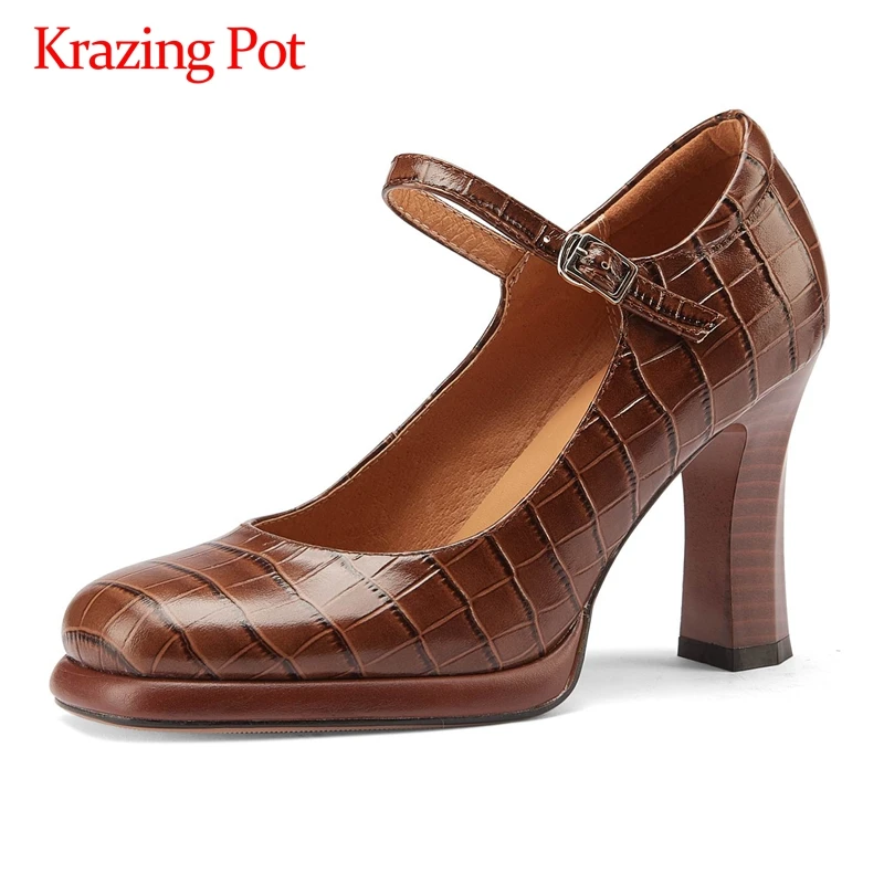 

Krazing Pot modern retro full grain leather gingham high fashion square toe super high heel buckle straps sexy mature pumps L02
