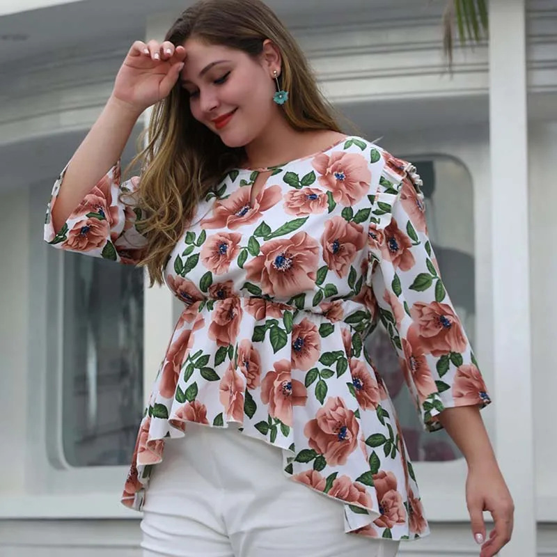 Женская футболка WHZHM с оборками и цветочным принтом размеры до 4XL|Футболки| |