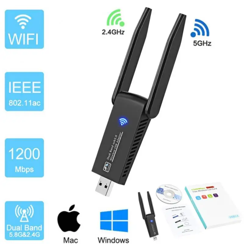 

Беспроводной AC1200 двухдиапазонный USB 3.0 RTL8812AC 1200 Мбит/с Wlan USB Wi-Fi Lan адаптер 802.11ac ключ с антенной для ноутбука и настольного компьютера