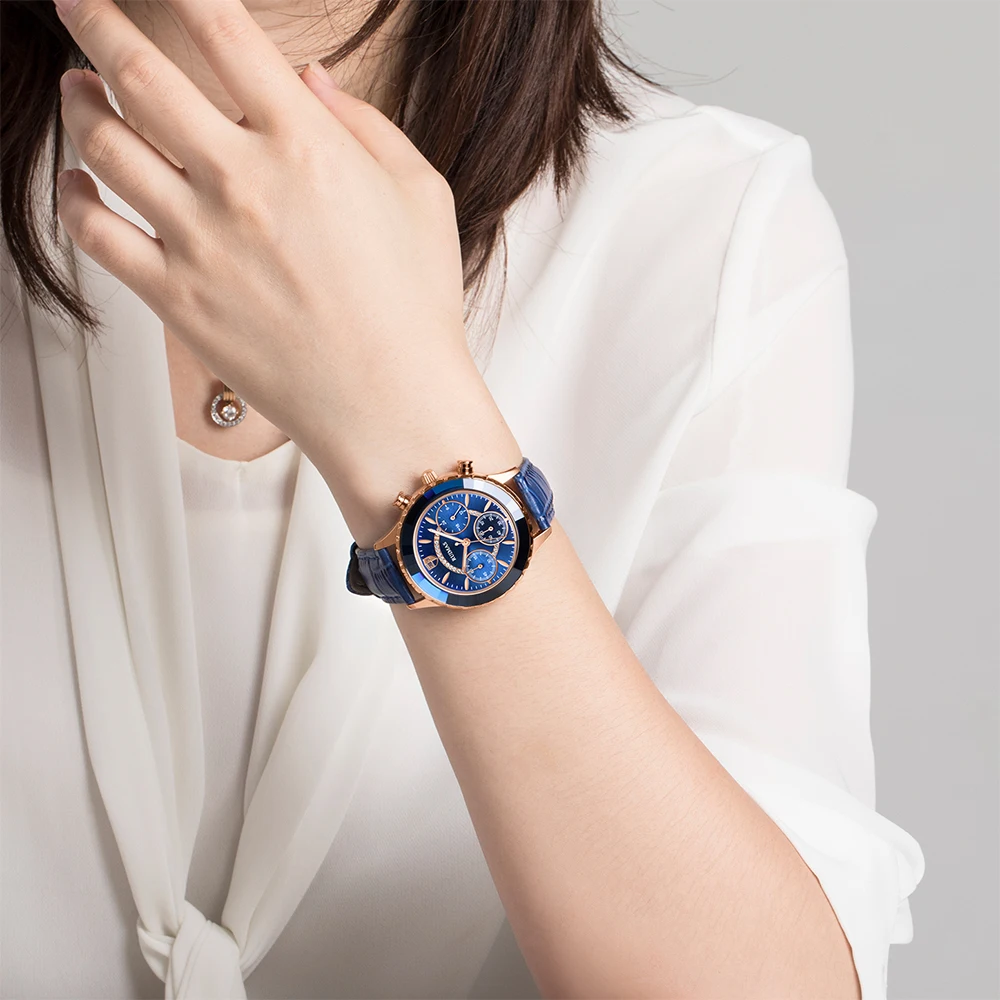 Часы наручные женские с ремешком из натуральной кожи Модные Роскошные Синие