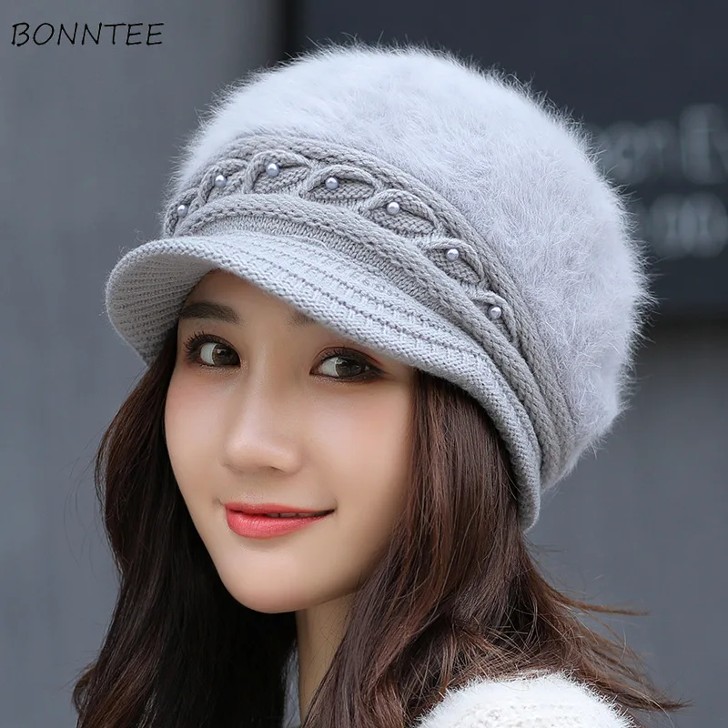 Шапка-бини Женская однотонная теплая шапка из кроличьего меха в Корейском стиле