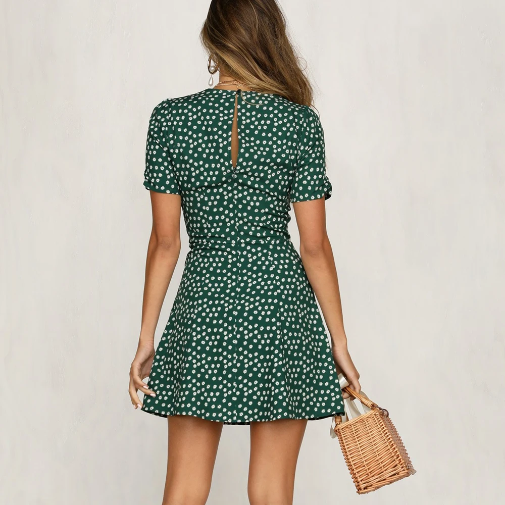 

Summer Women Ladies Fashion Short Sleeve Wrap Floral Printed Mini Dress Holiday Party Sundress Female Vestidos