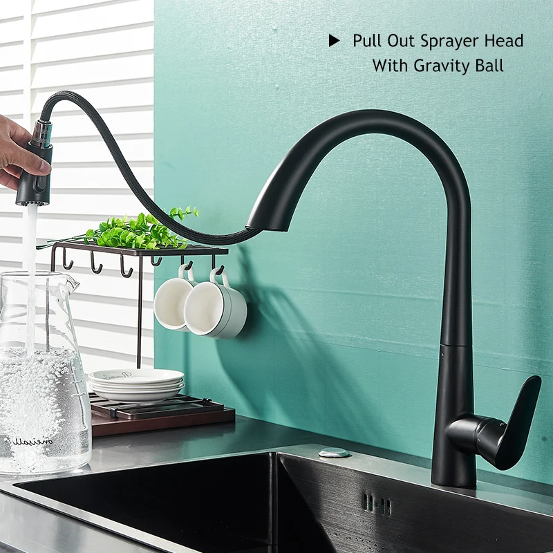 Матовый черный кухонный кран выдвижной режим распыления/потока фотографический