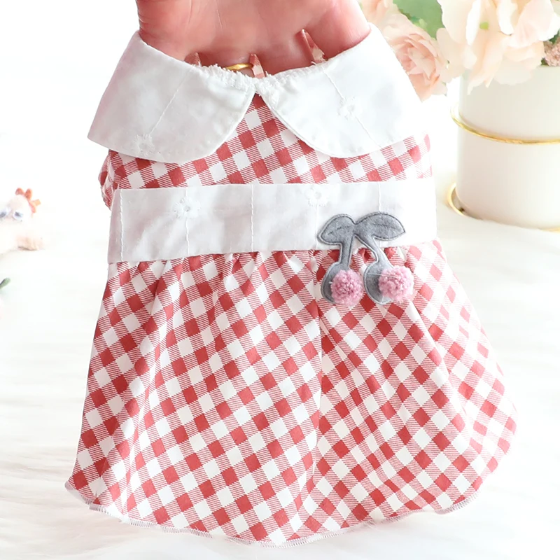 

Летняя одежда для собак, маленькая клетчатая юбка в виде вишни для собак, принцессы, пуловер, платья для собак