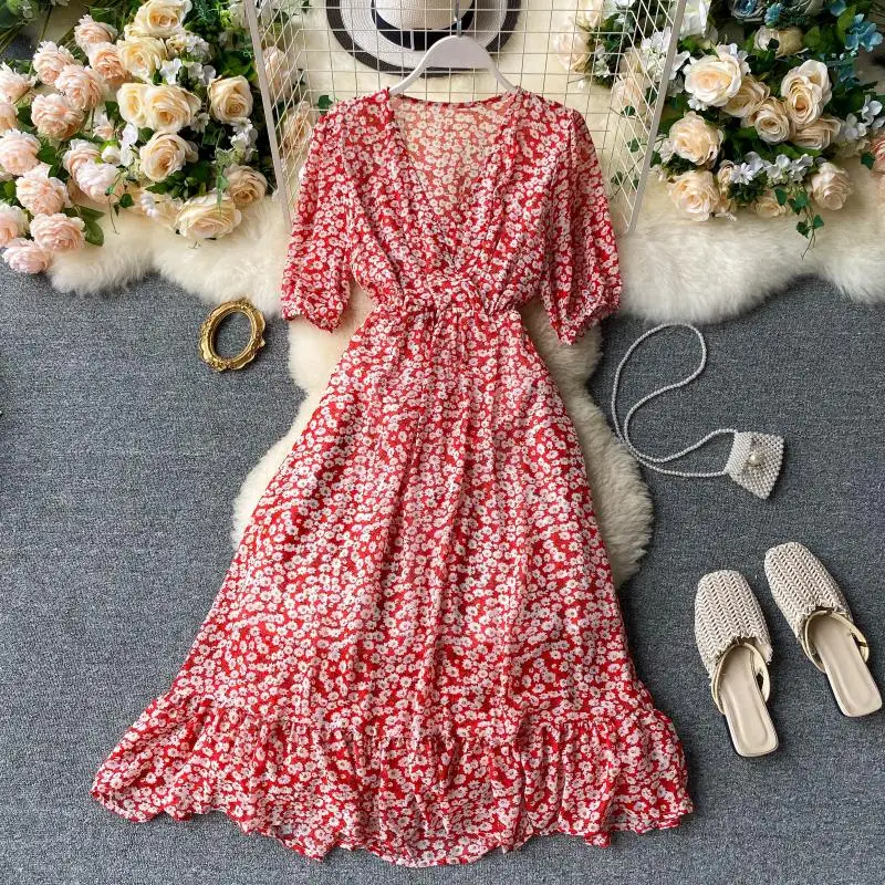 Женское шифоновое платье с цветочным принтом SINGRAIN летнее ТРАПЕЦИЕВИДНОЕ ПЛАТЬЕ