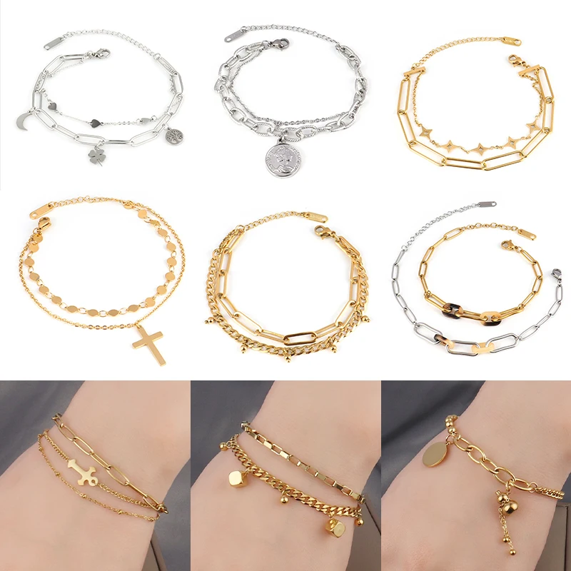 

Punk Chain Bracelet For Women Stainless Steel Bracelet Women Bracelets Charm Bracelet Double Layer Bracelet Jewelry Gifts