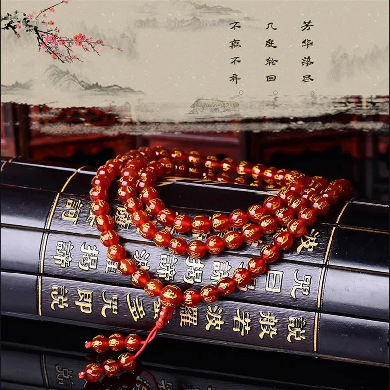 Браслет из натурального красного и черного оникса с бусинами 108 позолоченный