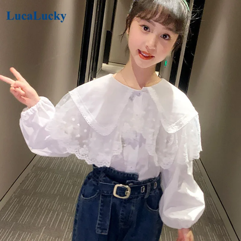

Новинка 2021, весенние блузки LucaLucky для маленьких девочек, белая кружевная рубашка с воротником, Детские хлопковые топы с пышными рукавами, бл...