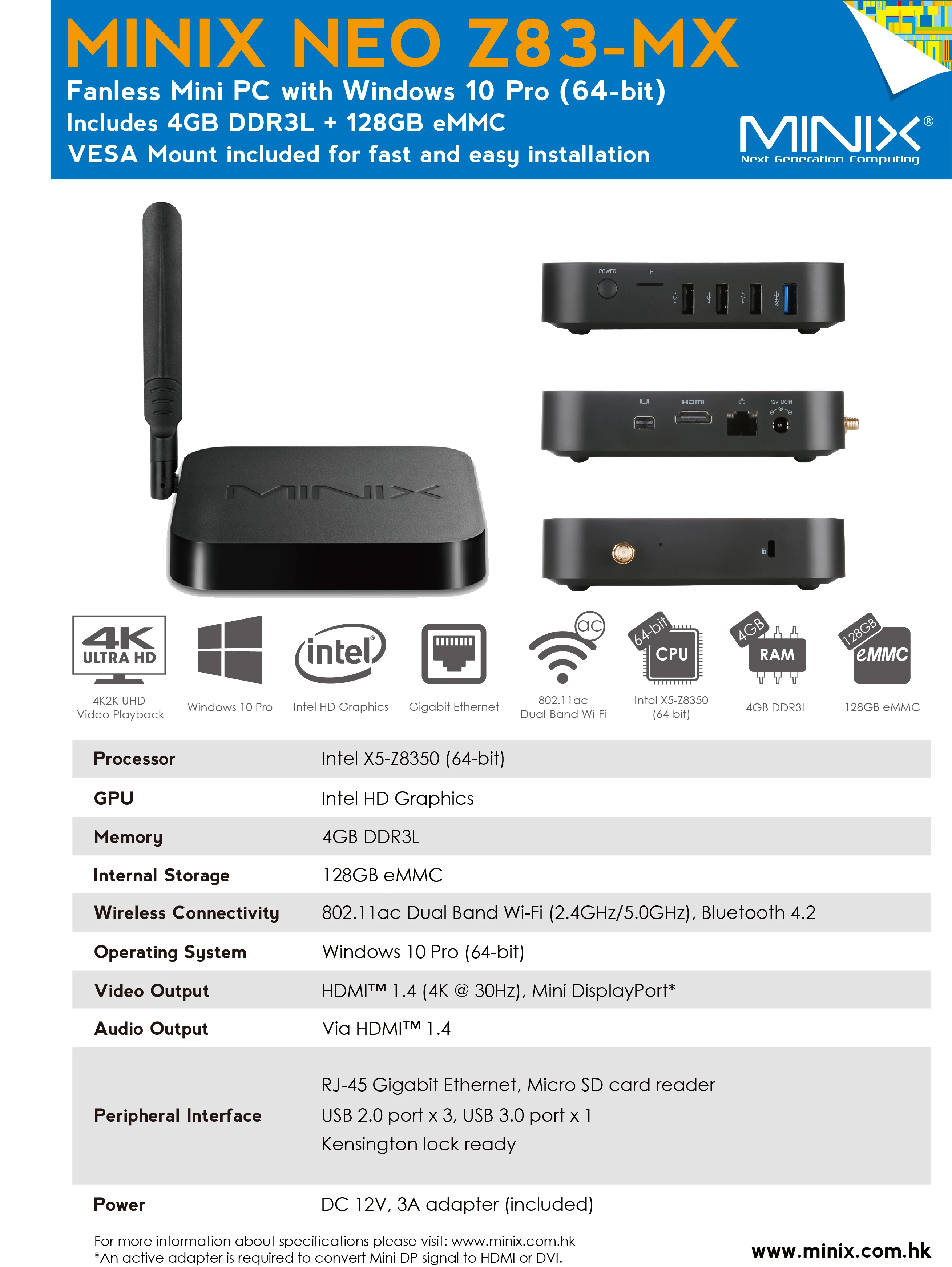 MINIX NEO Z83-MX Mini Pc Windows 10 Pro Gaming 4GB DDR3L 128GB SSD Gamer Computer Intel Atom X5-Z8350 HD Graphics Portable PC | Компьютеры