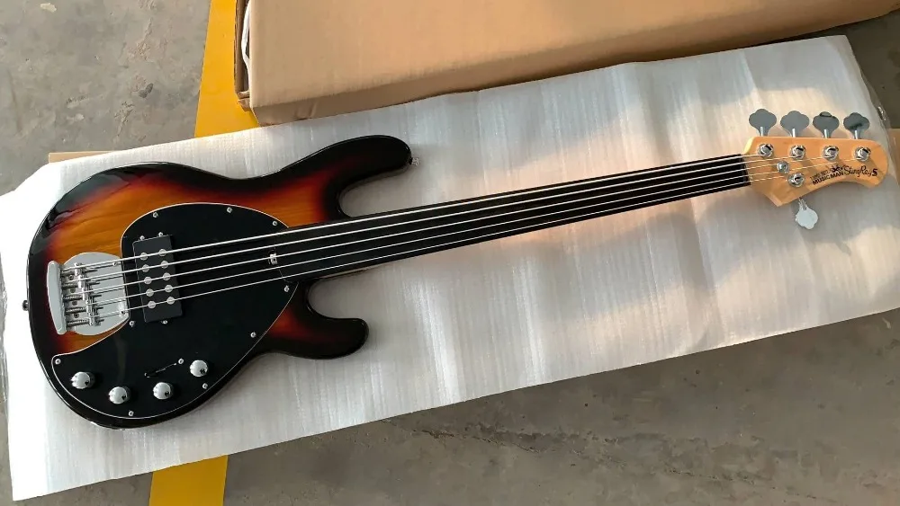 Новая+ завод+ Sunburst music man stingRay5 бас активный звукосниматель music man, электронная бас-гитара fretless гриф из черного дерева Бас-гитара