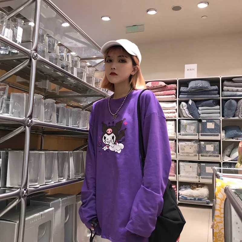 Harajuku футболка с длинным рукавом, топы, женская уличная одежда, фиолетовая футболка с принтом дьявола, Корейская Повседневная Свободная Осенняя женская футболка с круглым вырезом, топы