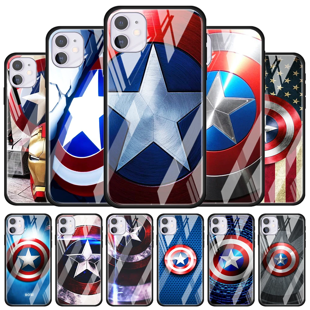 

Captain America shield Marvel for Apple iPhone 12 Pro Max Mini 11 Pro XS Max X XR 6S 6 7 8 Plus Luxury Tempered Glass Phone Case