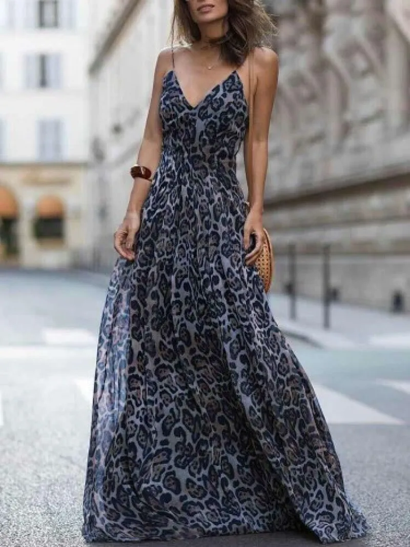 

Sexy Leopard Print Dress Spaghetti Strap V Neck Chiffon Beach Maxi Dress